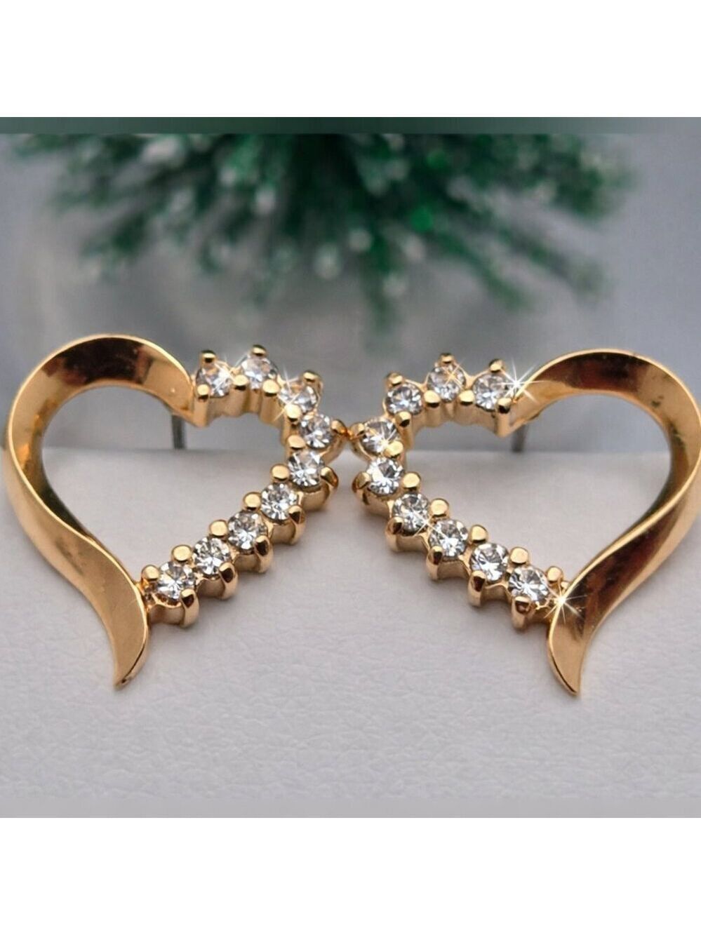 Gold Tone Heart Stud Earrings Sparkling CZ Accents Excellent Condition